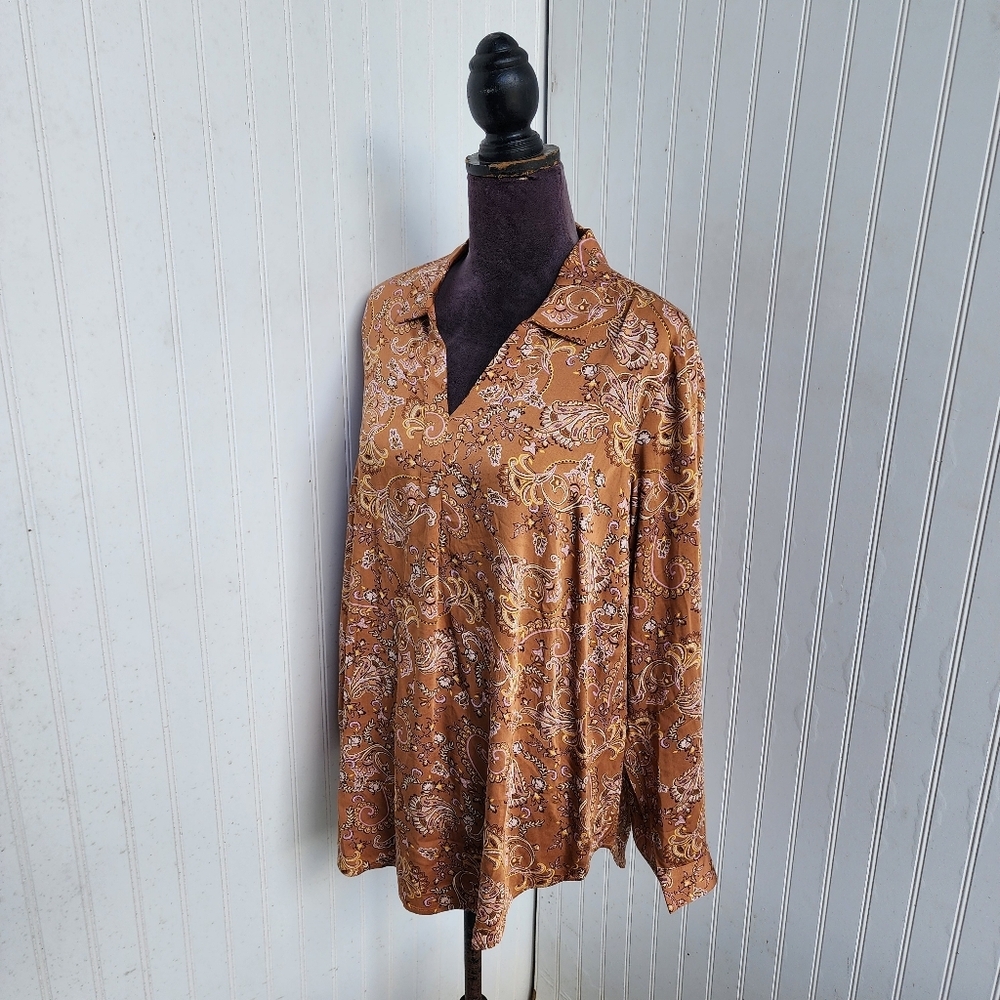 NWT $99 J Jill Paisley Print Blouse V-Neck Long Sleeve Tunic Top Brown Size M - Picture 7 of 14